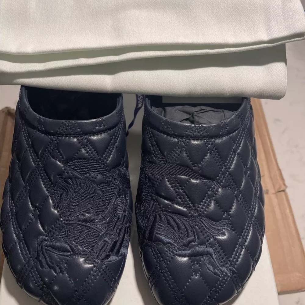 Quilted Navy Slip-On EKD Logo Kitten Heel Mules